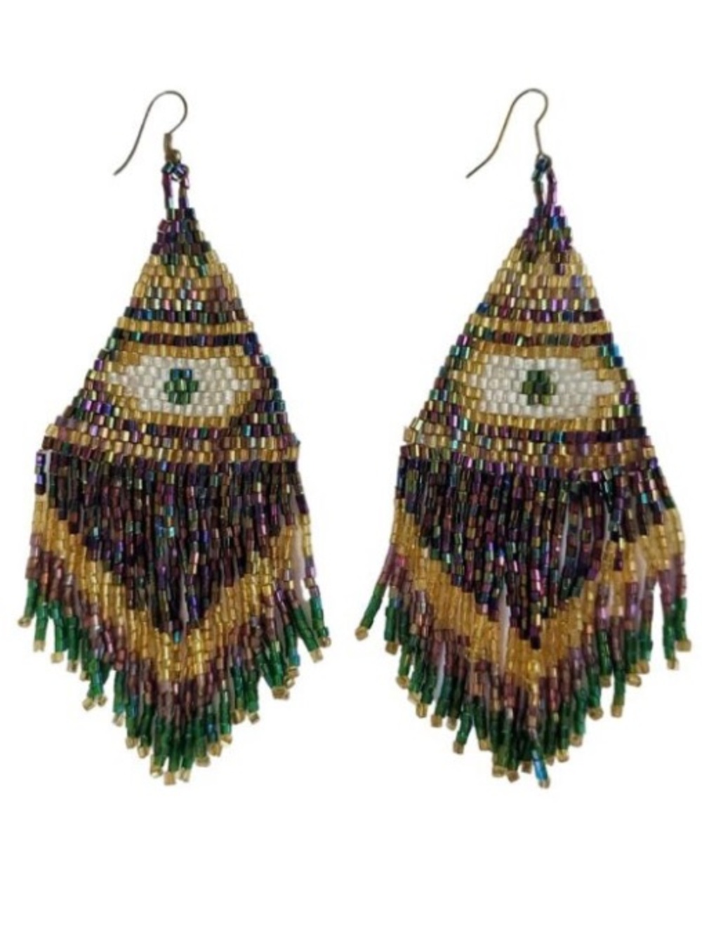 Freedom Topshop Dangle earrings peacock green beaded evil eye long fringe Boho